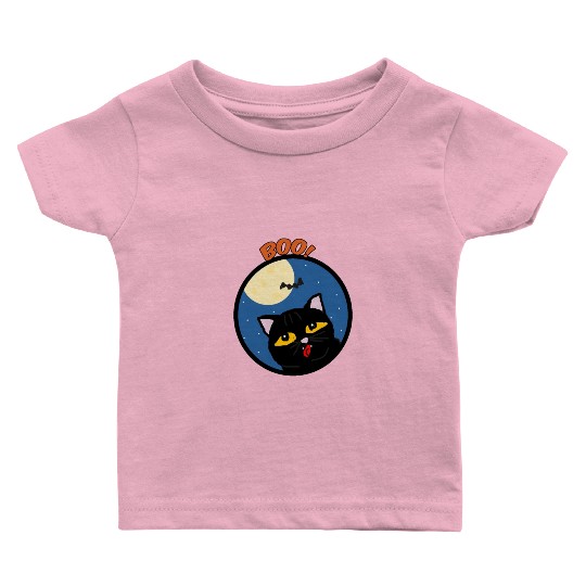 Boo cat in the moon light with a bat Halloween Baby T Shirts