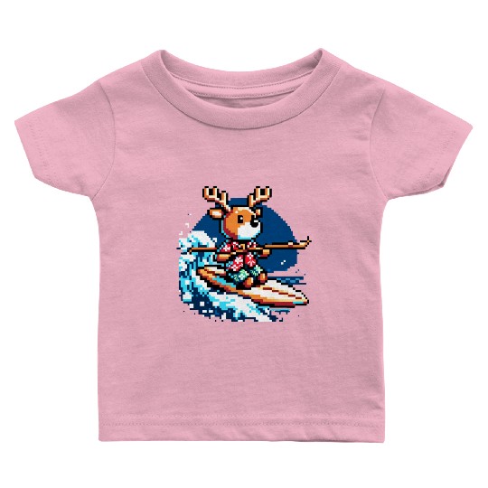 Surfing Reindeer: 8-Bit Holiday Wave Baby T Shirts