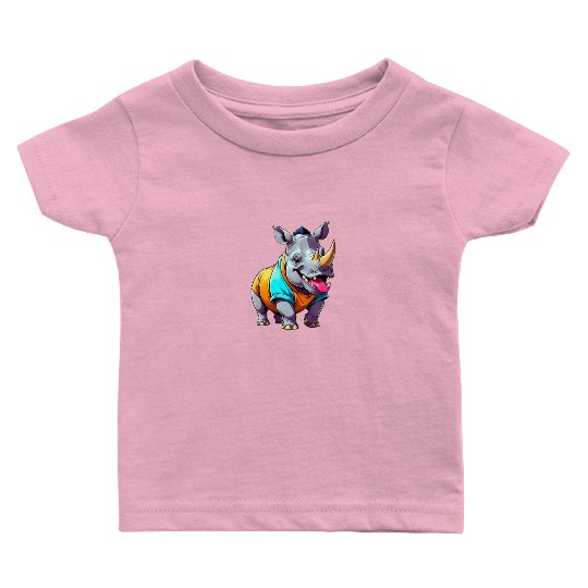 A Cartoonish Rhinoceros in a Playful Pose Baby T Shirts