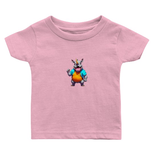 A Cartoonish Rhinoceros in a Playful Pose Baby T Shirts