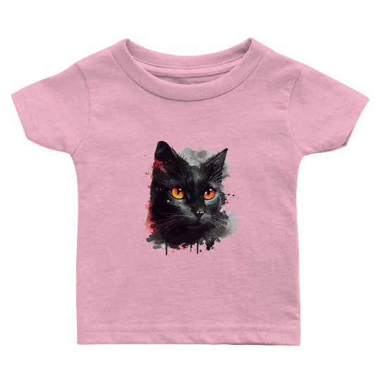 Black Cat Japanese Watercolor Mystery Gaze Baby T Shirts