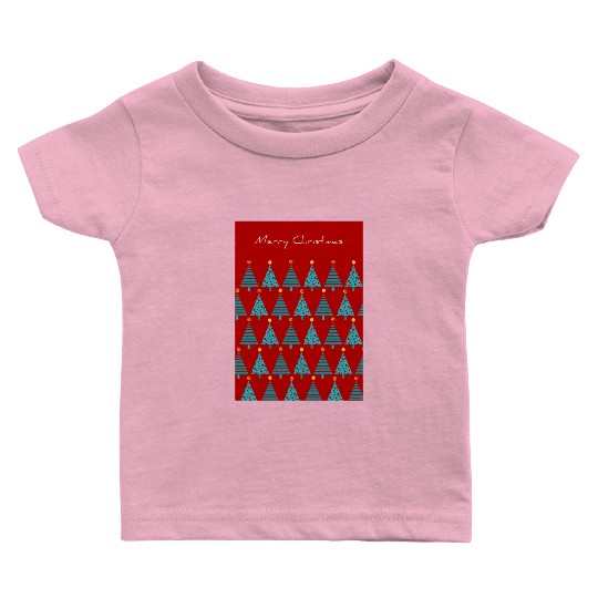 Merry Christmas Teal Christmas Trees on Red Baby T Shirts