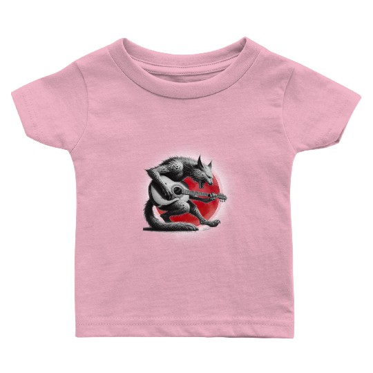 Rock Cat Playing Guitar Baby T Shirts under the red moon