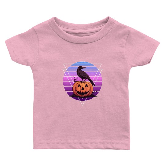 Raven Crow On Pumpkin Vaporwave Halloween Pagan Ae Baby T Shirts