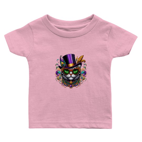 Mardi Gras cat with hat and glasses Baby T Shirts
