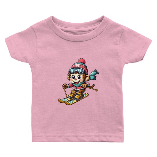 Monkey Chimpanzee Skier Winter Vacation Design Baby T Shirts