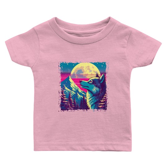 Retro Wolf Gazing at the Moon Baby T Shirts