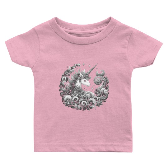 A unicorn black and white with a delicate pattern. Baby T Shirts