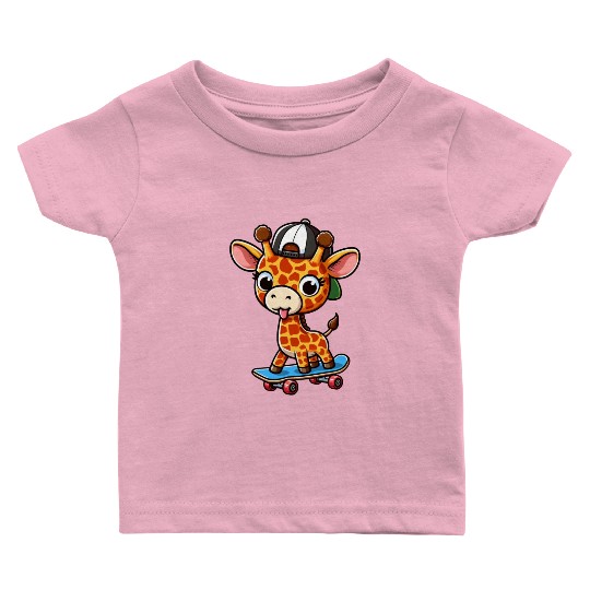 Cheeky Skater Giraffe on Skateboard Baby T Shirts