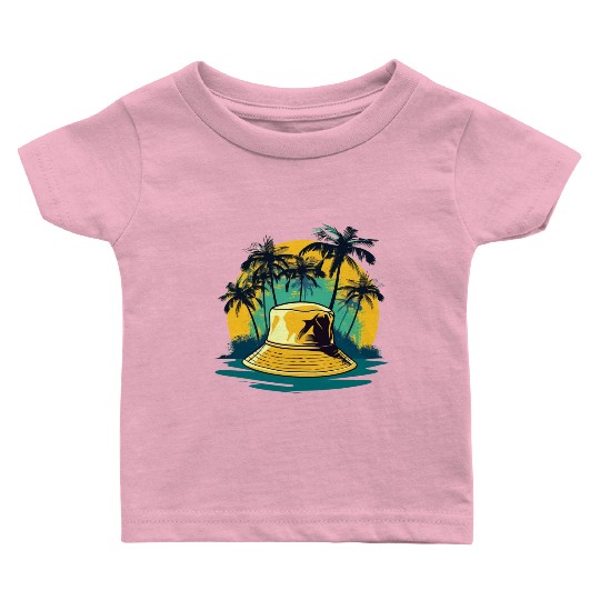 yellow bucket hat and palm trees on ocean island Baby T Shirts