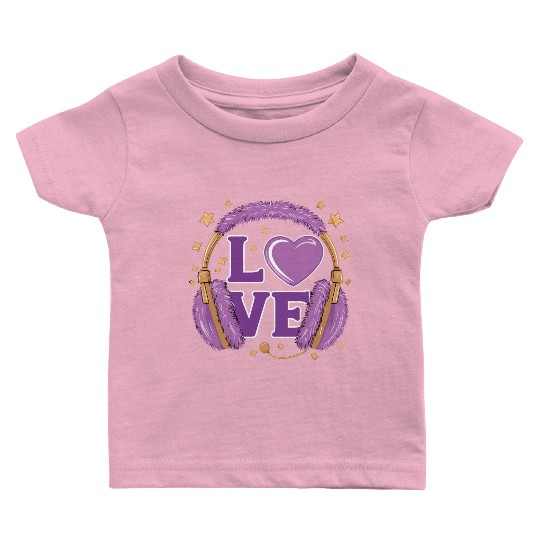 Purple Love Music Headphones with Stars and Heart Baby T Shirts