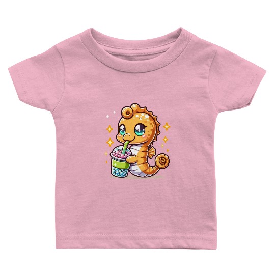 Kawaii Sea Horse Enjoys Bubble Tea Sea Animal Boba Baby T Shirts