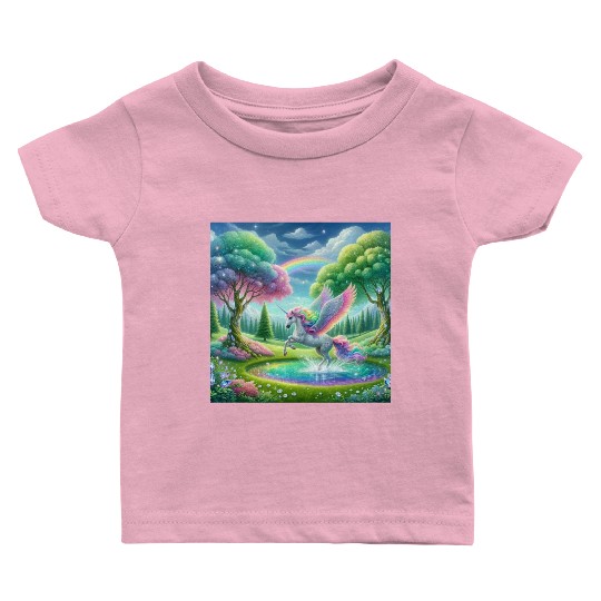 Enchanted Rainbow Unicorn Over Sparkling Pond Baby T Shirts