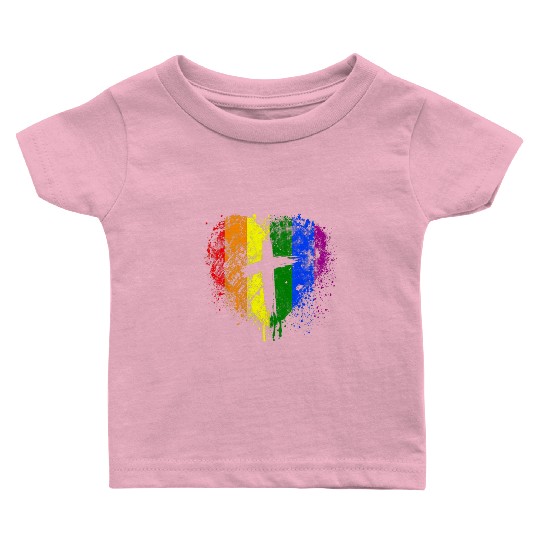 Rainbow Heart with Cross Gay Pride LGBT Christian Baby T Shirts