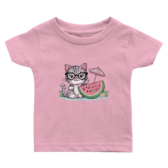cute kitten an watermelon slice vector illustratio Baby T Shirts