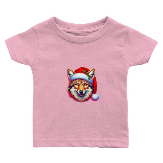 Christmas Coyote Art Red Santa hat Animal Lovers Baby T Shirts