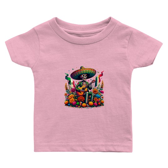 Mexican Celebration Skeleton with Guitar Art Baby T Shirts