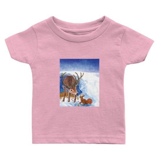 Red Deer and Squirrel in Winter Illustration Baby T Shirts