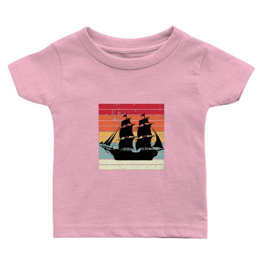 Vintage Retro Sun Set Pirate Ship Baby T Shirts