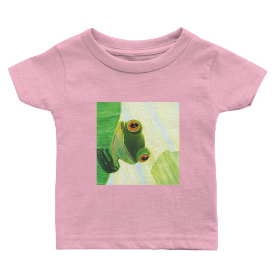 Cute Green Frog Peeping out From Behind Lily Pad Baby T Shirts