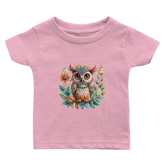 Colorful illustration of an owl perched on branch Baby T Shirts