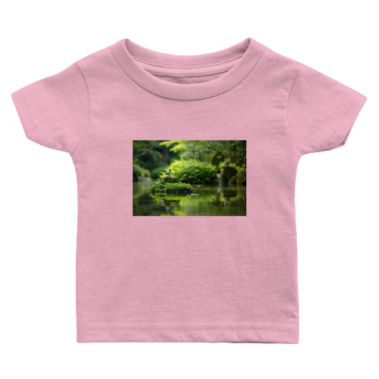 Serene Pond with Bird on Mossy Rock Baby T Shirts