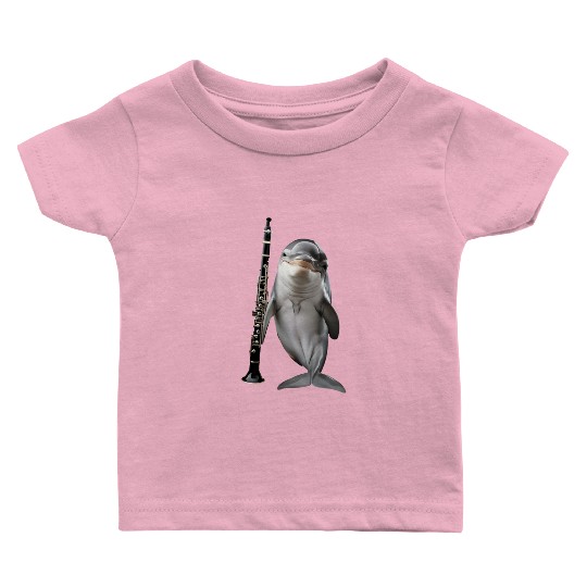 Dolphin Playing Clarinet Realistic Baby T Shirts