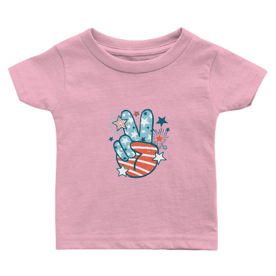 Groovy 4th Of July Peace Hand Sign USA Flag Baby T Shirts