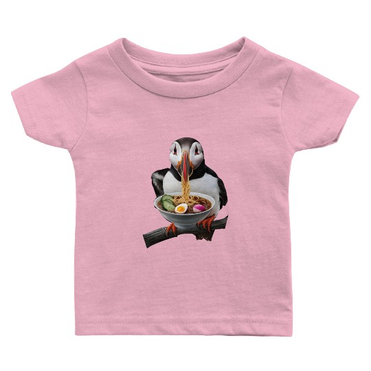 Atlantic Puffin Eating Ramen Realistic Baby T Shirts