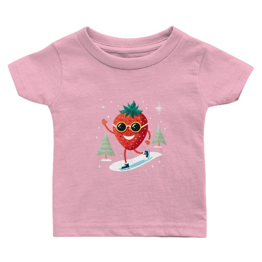 Strawberry with sunglasses skating on snow. Baby T Shirts
