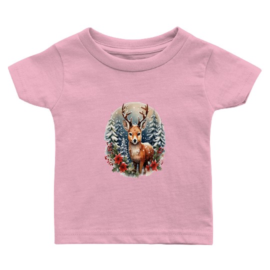 Christmas Deer with Poinsettia and Snow Baby T Shirts