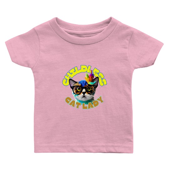 Colorful Cat with Glasses - Childless Cat Lady Baby T Shirts