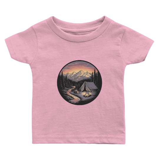 Mountain Morning: Peaceful Camping Monoline Baby T Shirts