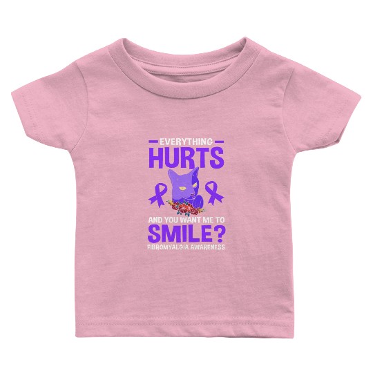 Everything Hurts Cat Purple Ribbon Fibro Awareness Baby T Shirts