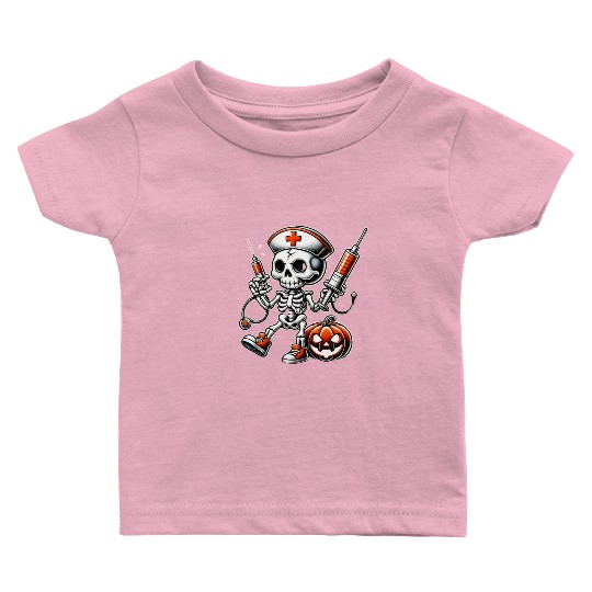 Skeleton Nurse with Medical Syringes Halloween Baby T Shirts