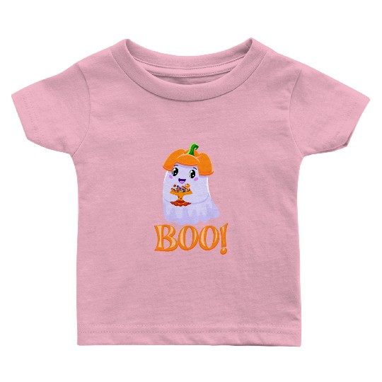 Cute Girl Ghost Boo! with Sweets Pumpkin Halloween Baby T Shirts