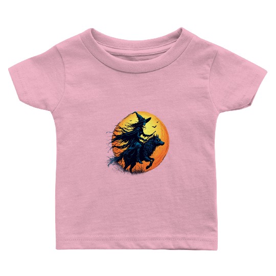 Halloween Witch Riding a Wolf Under Full Moon Baby T Shirts
