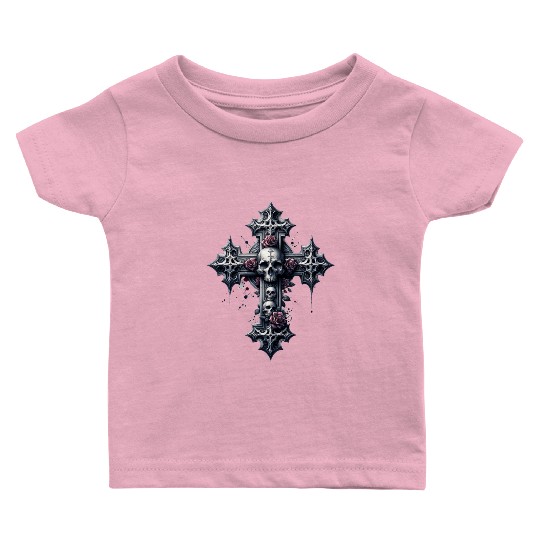 Gothic Cross Collection - Skulls and Red Roses Baby T Shirts
