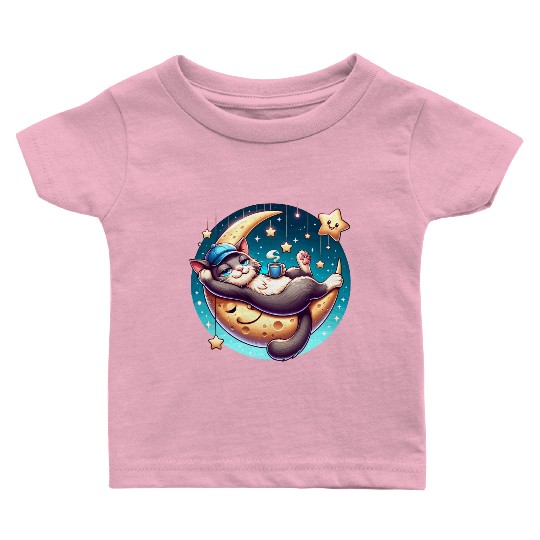 Cute Cat Relaxing on Moon with Stars and Coffee Baby T Shirts