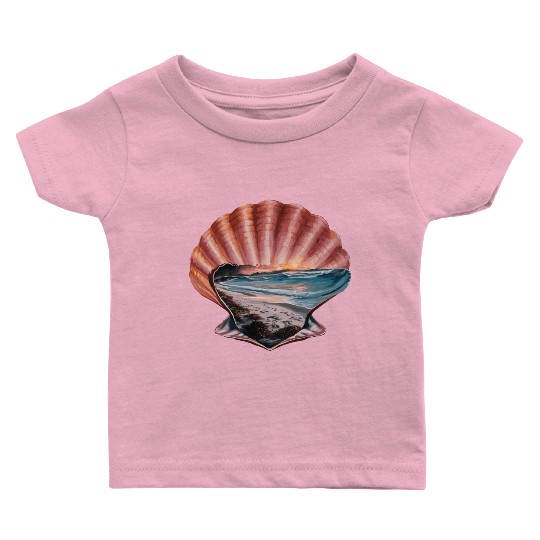 Seashell Beach Scene Serene Ocean Landscape Baby T Shirts