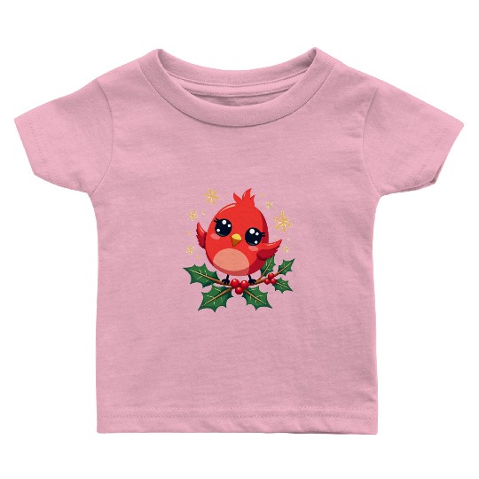 Elegant Christmas Cardinal on Holly Branch Baby T Shirts