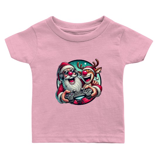 Funny Christmas Duo: Santa & Rudolph Gaming Baby T Shirts