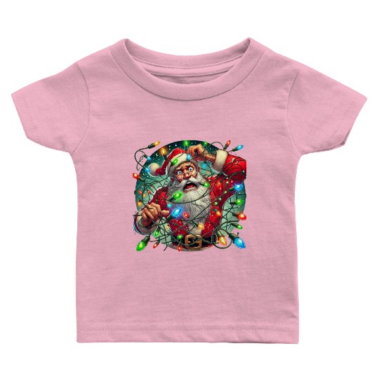 Funny Christmas Santa: Tangled in Lights Baby T Shirts