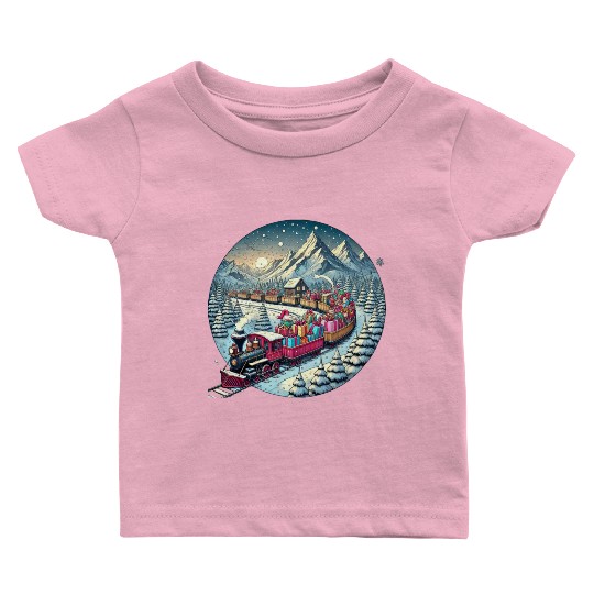 Christmas Train of Gifts through Snowy Peaks Baby T Shirts