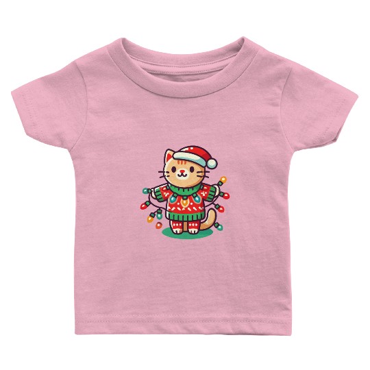 Christmas Cat With Fairy Lights Baby T Shirts
