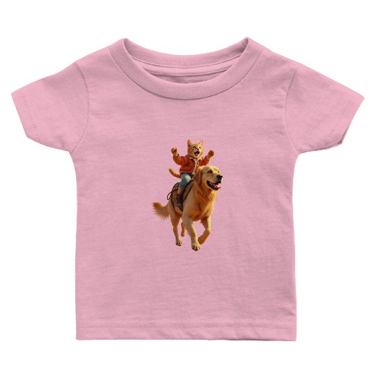 Funny Ginger Cat Riding Golden Retriever/Realistic Baby T Shirts