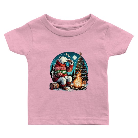 Cozy Christmas Polar Bear: Eggnog & Fireside Cheer Baby T Shirts