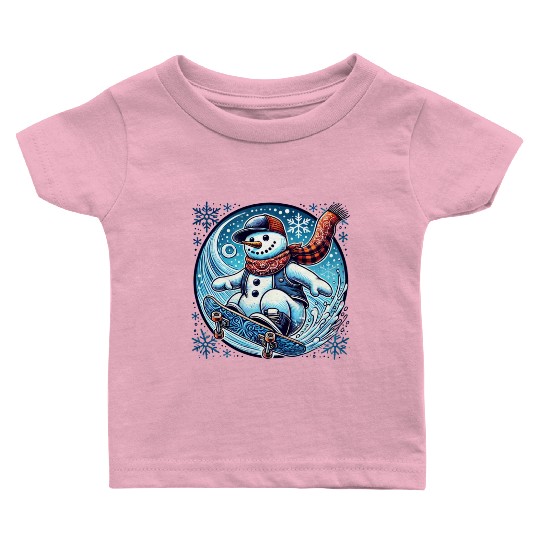 Skateboarding Snowman: Bandana, Board & Snowflakes Baby T Shirts