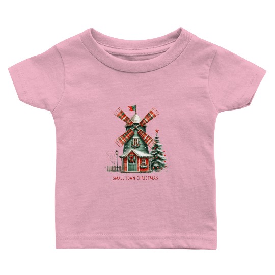 Small Town Christmas Plaid Windmill Baby T Shirts
