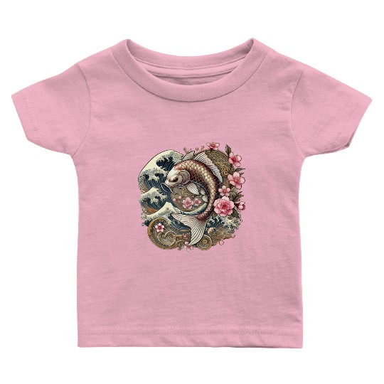 Elegant Koi Fish and Cherry Blossom Design Baby T Shirts